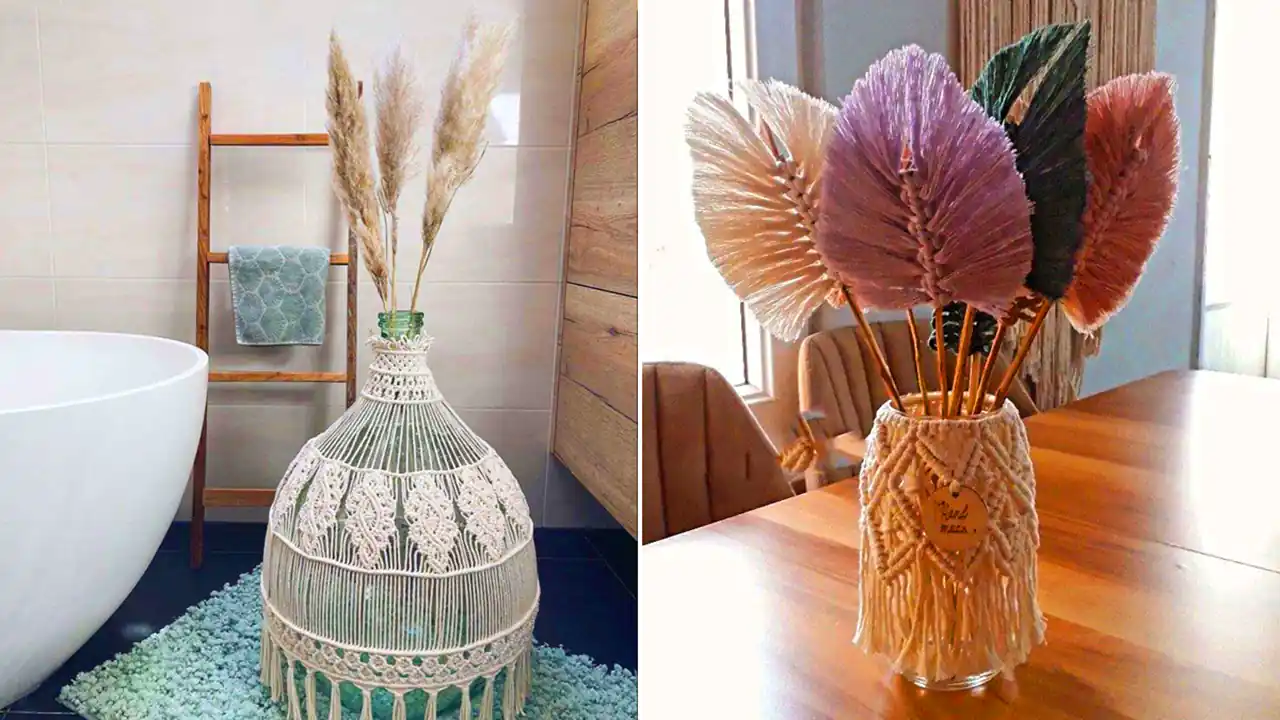 کاور مکرومه گلدان شیشه ای