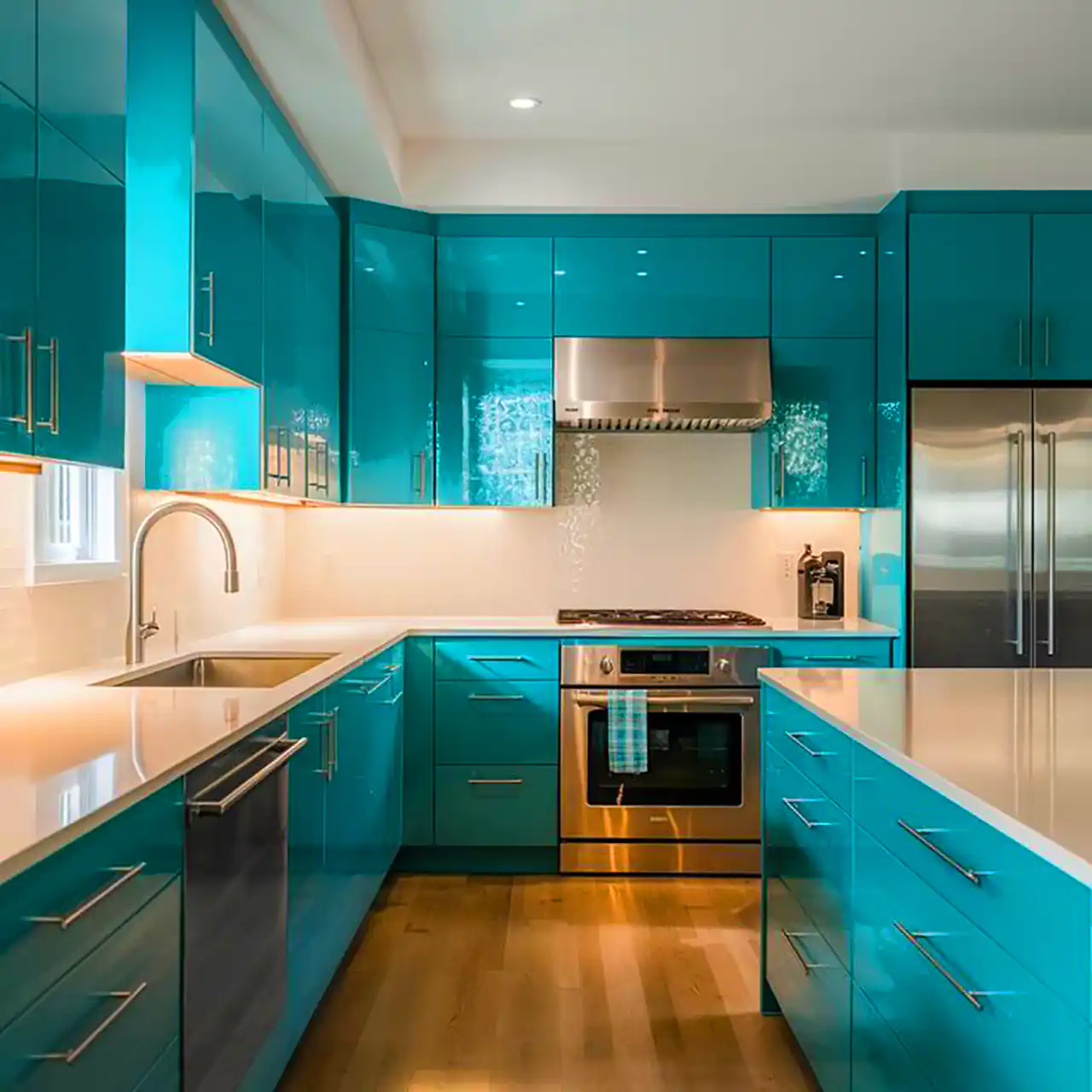 آشپزخانه مدرن با کابینت فیروزه ای 
