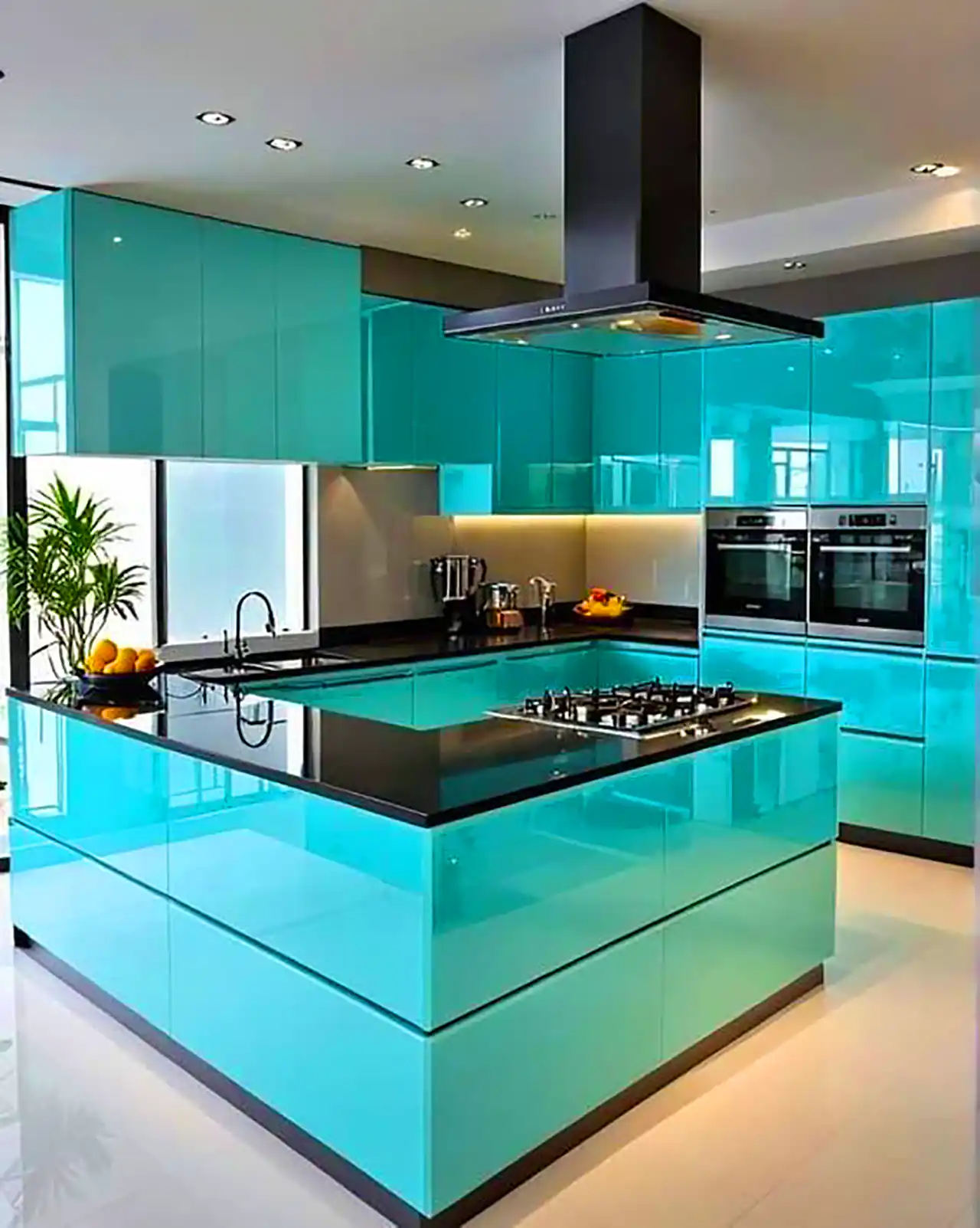آشپزخانه مدرن با کابینت فیروزه ای 