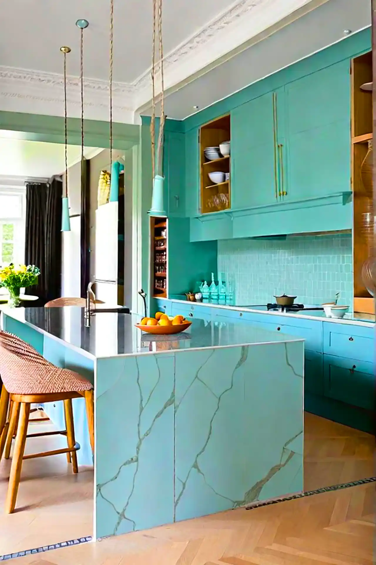 آشپزخانه مدرن با کابینت فیروزه ای 