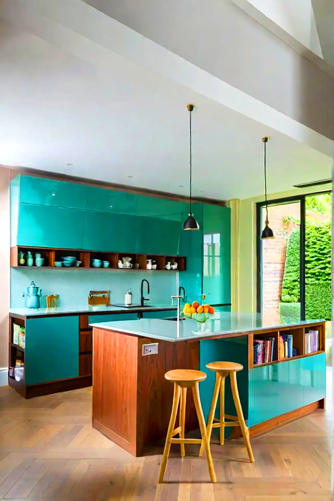 آشپزخانه مدرن با کابینت فیروزه ای 