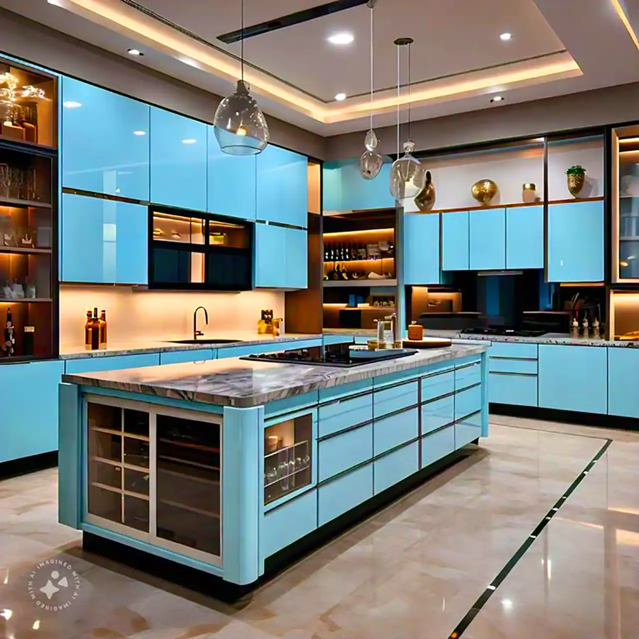 آشپزخانه مدرن با کابینت فیروزه ای 